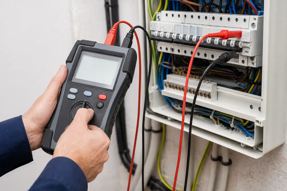 Elektriker führt mit einem Messgerät eine Isolationsmessung am geöffneten Verteiler durch