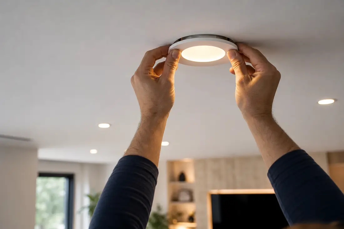 Elektriker montiert LED-Deckenleuchten in einem modernen Wohnzimmer