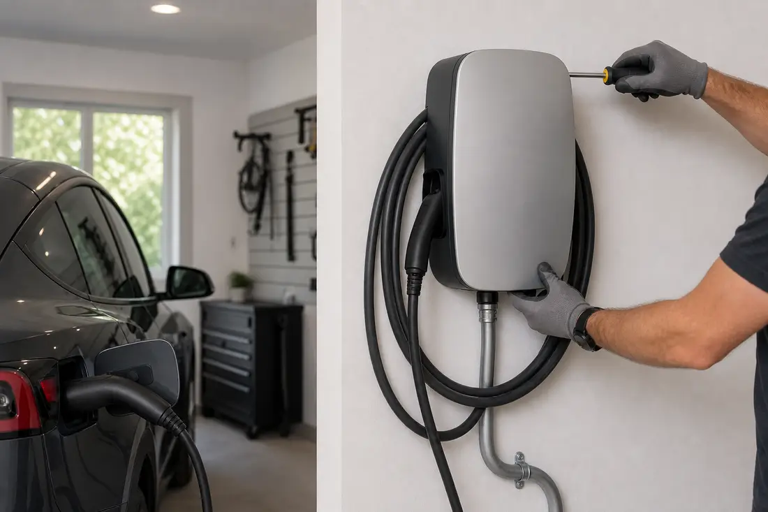 Elektriker montiert eine Wallbox-Ladestation an der Garagenwand neben einem Elektroauto