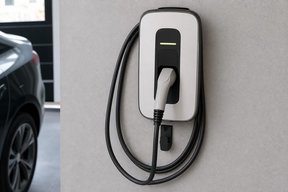 Beispiel: Wallbox-Ladestation an einer Garagenwand, Detailansicht